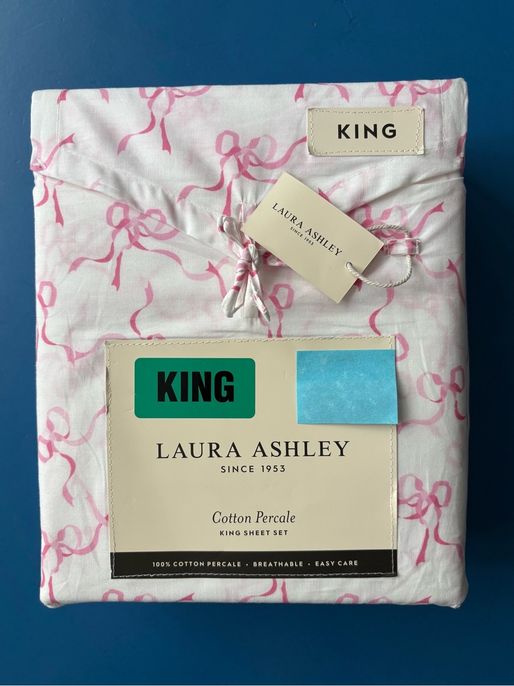 Laura Ashley Pink Ribbons Trailing Bows 4PC King Sheet Set Cotton Percale NWT